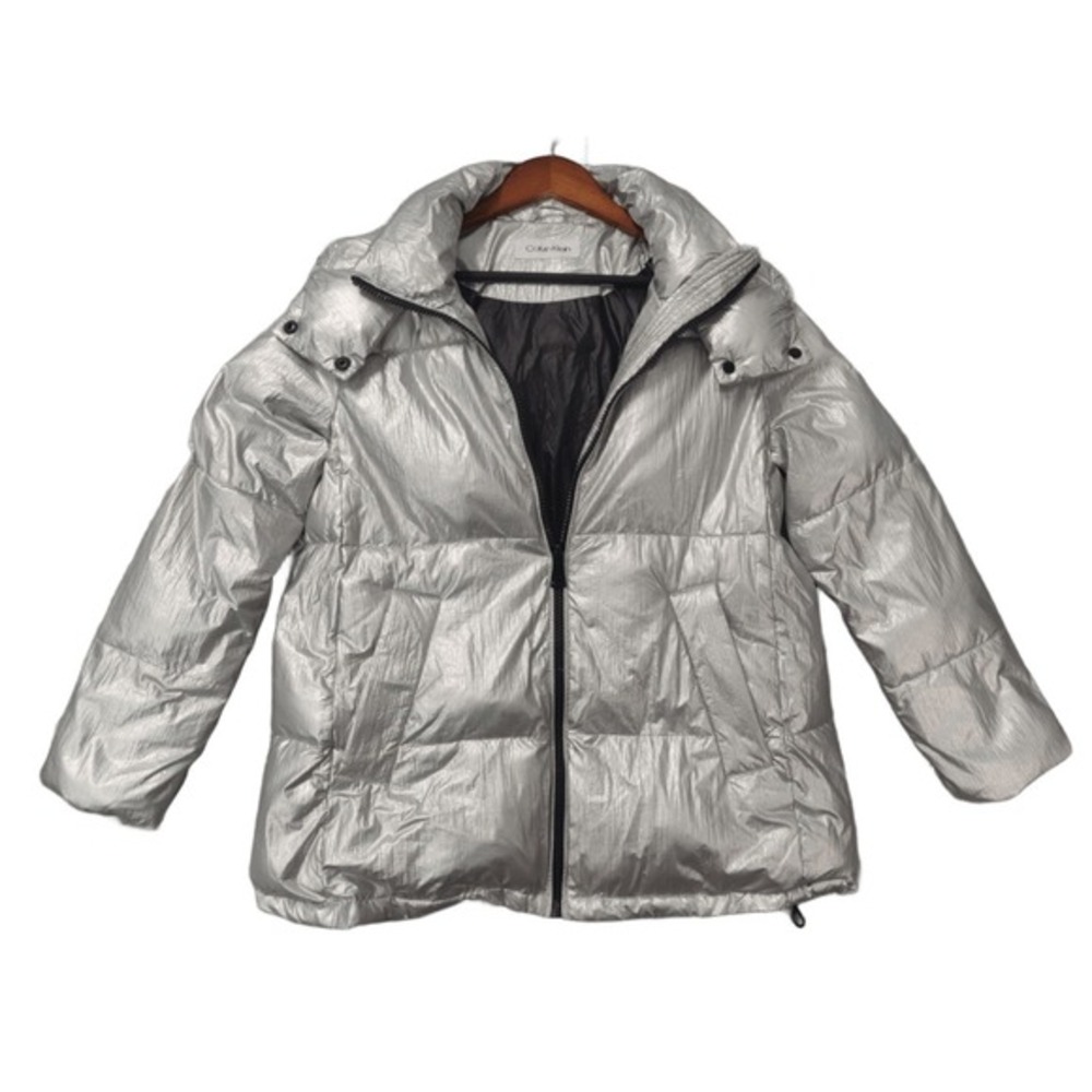 Calvin Klein Womens M Metallic Silver Hooded Full Zip Puffer Jacket Winter Coat